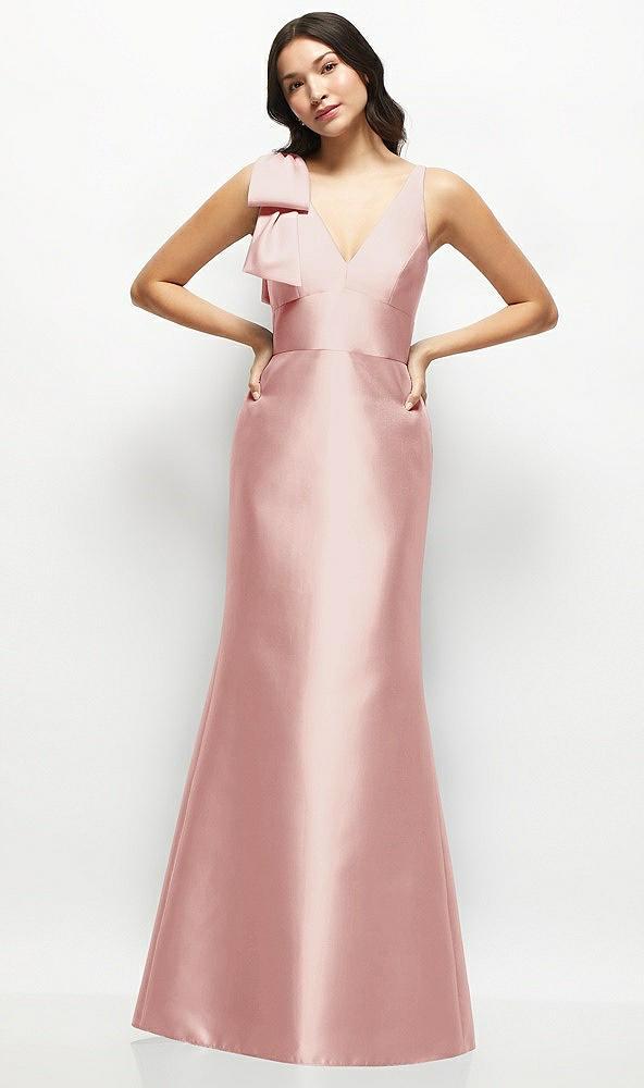 deep v-back satin trumpet dress with cascading bow at one shoulder