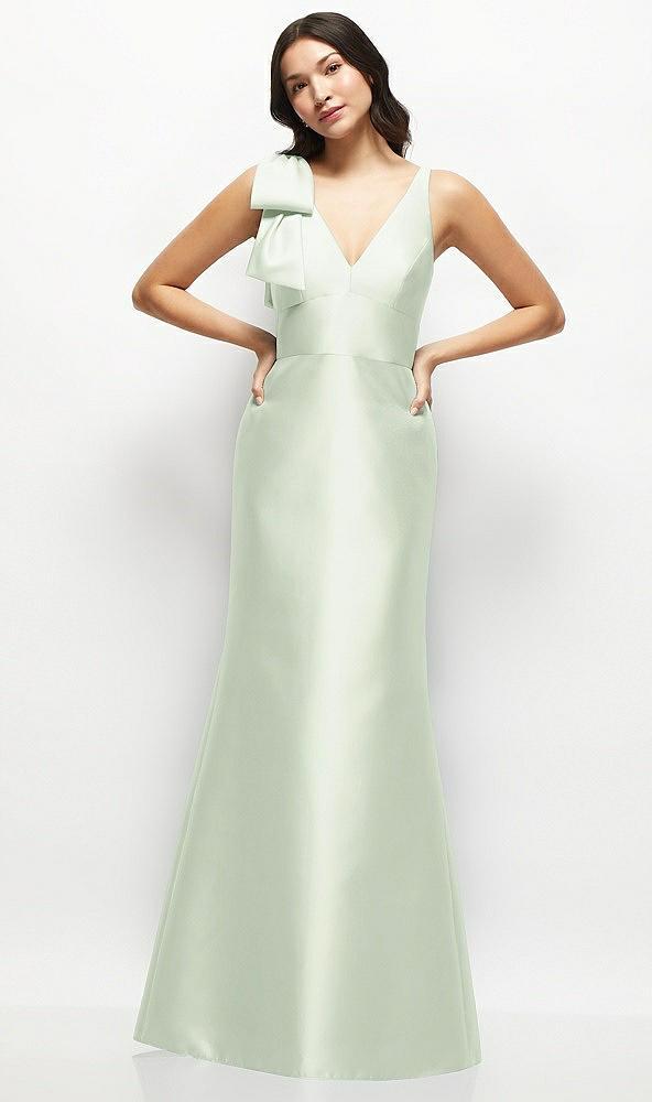 deep v-back satin trumpet dress with cascading bow at one shoulder
