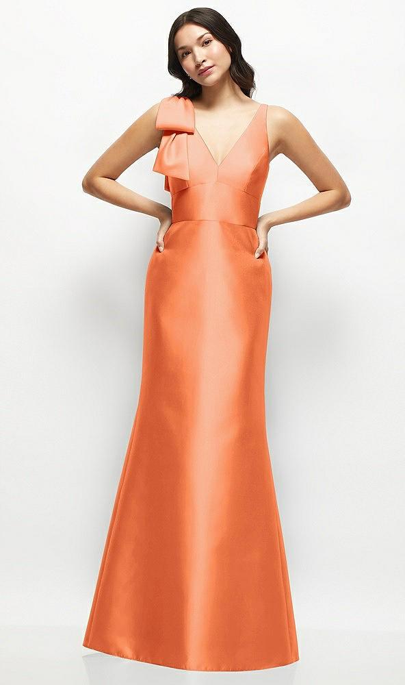 deep v-back satin trumpet dress with cascading bow at one shoulder