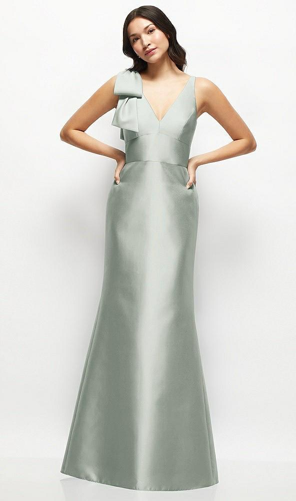 deep v-back satin trumpet dress with cascading bow at one shoulder