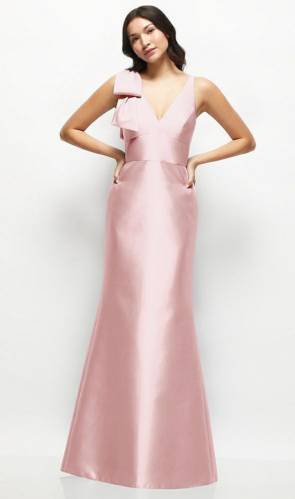 deep v-back satin trumpet dress with cascading bow at one shoulder