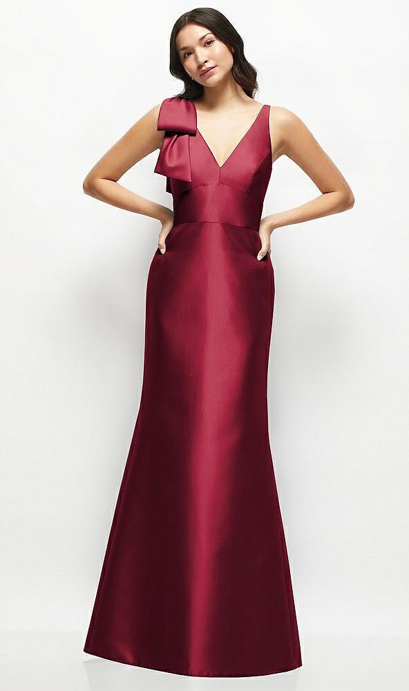 deep v-back satin trumpet dress with cascading bow at one shoulder
