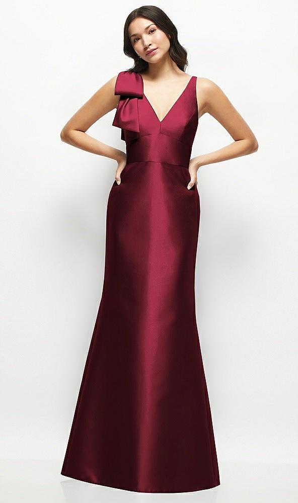deep v-back satin trumpet dress with cascading bow at one shoulder