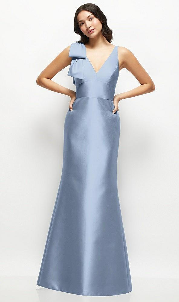 deep v-back satin trumpet dress with cascading bow at one shoulder