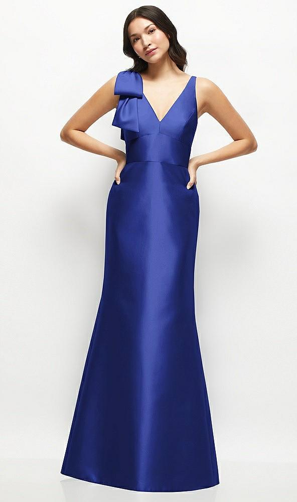 deep v-back satin trumpet dress with cascading bow at one shoulder