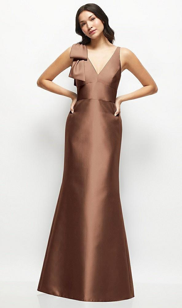 deep v-back satin trumpet dress with cascading bow at one shoulder