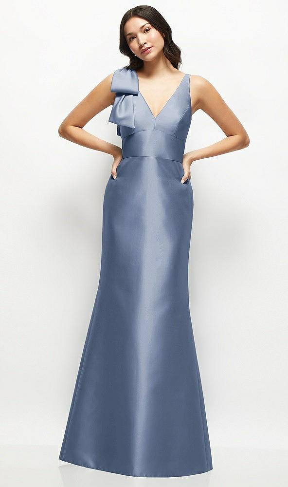 deep v-back satin trumpet dress with cascading bow at one shoulder