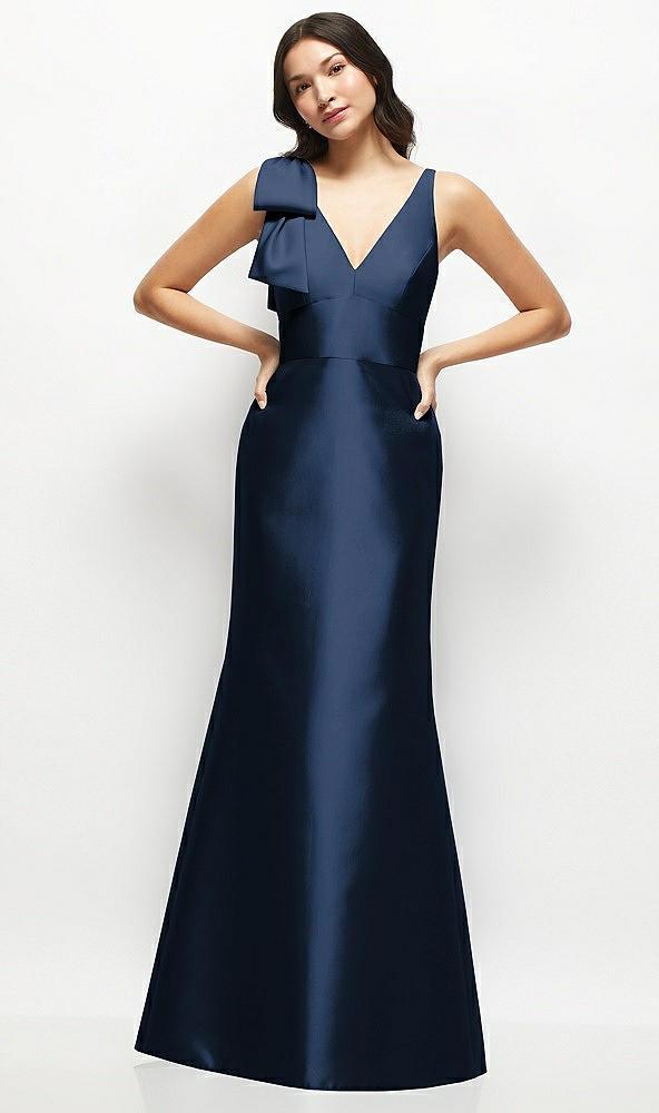 deep v-back satin trumpet dress with cascading bow at one shoulder