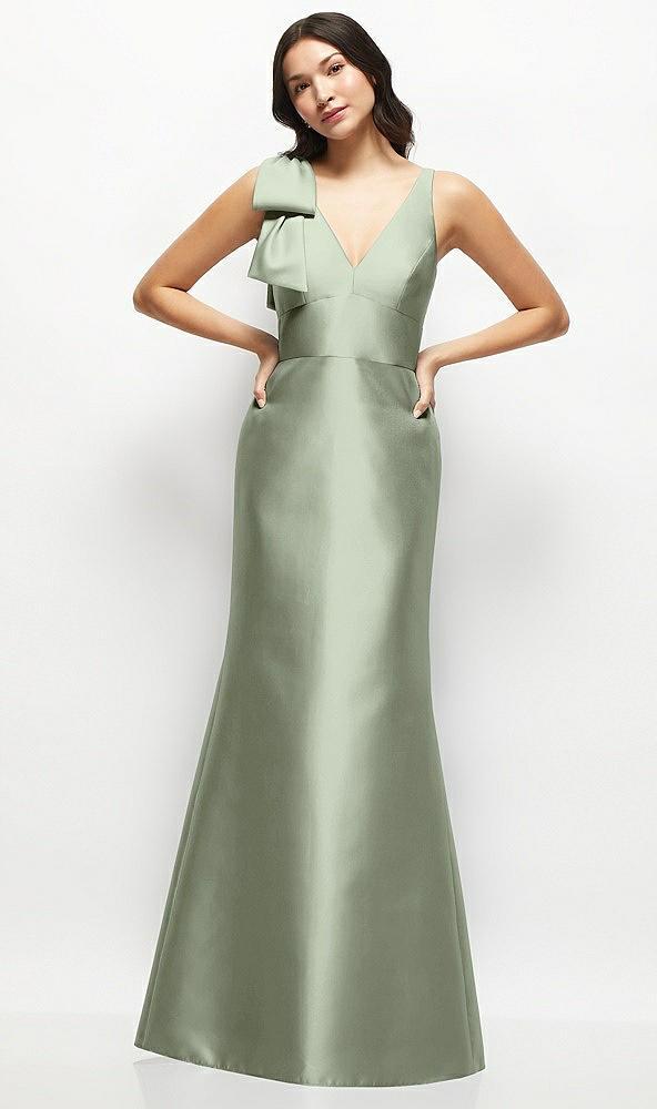 deep v-back satin trumpet dress with cascading bow at one shoulder