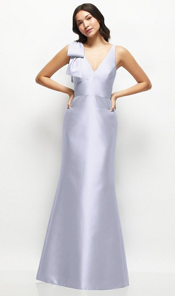 deep v-back satin trumpet dress with cascading bow at one shoulder