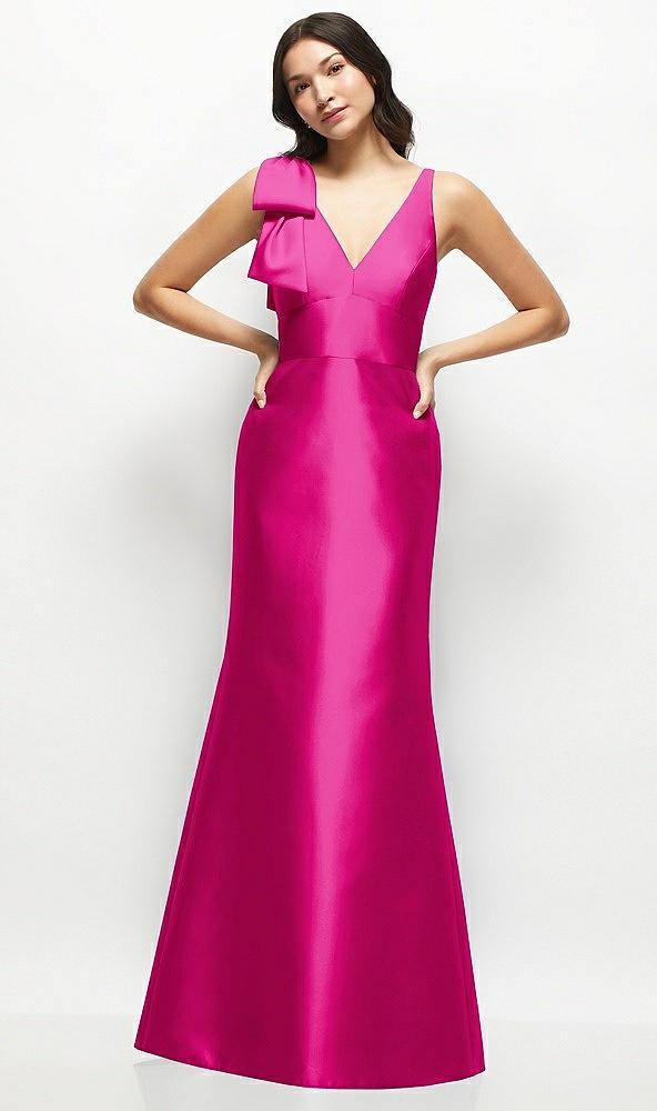 deep v-back satin trumpet dress with cascading bow at one shoulder
