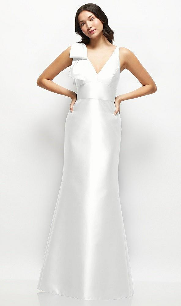 deep v-back satin trumpet dress with cascading bow at one shoulder
