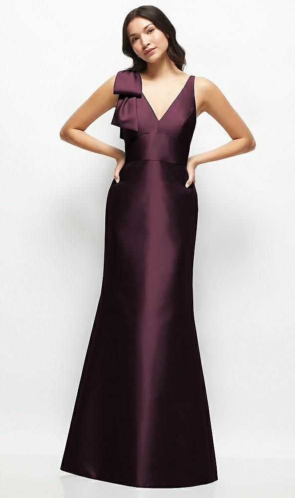 deep v-back satin trumpet dress with cascading bow at one shoulder