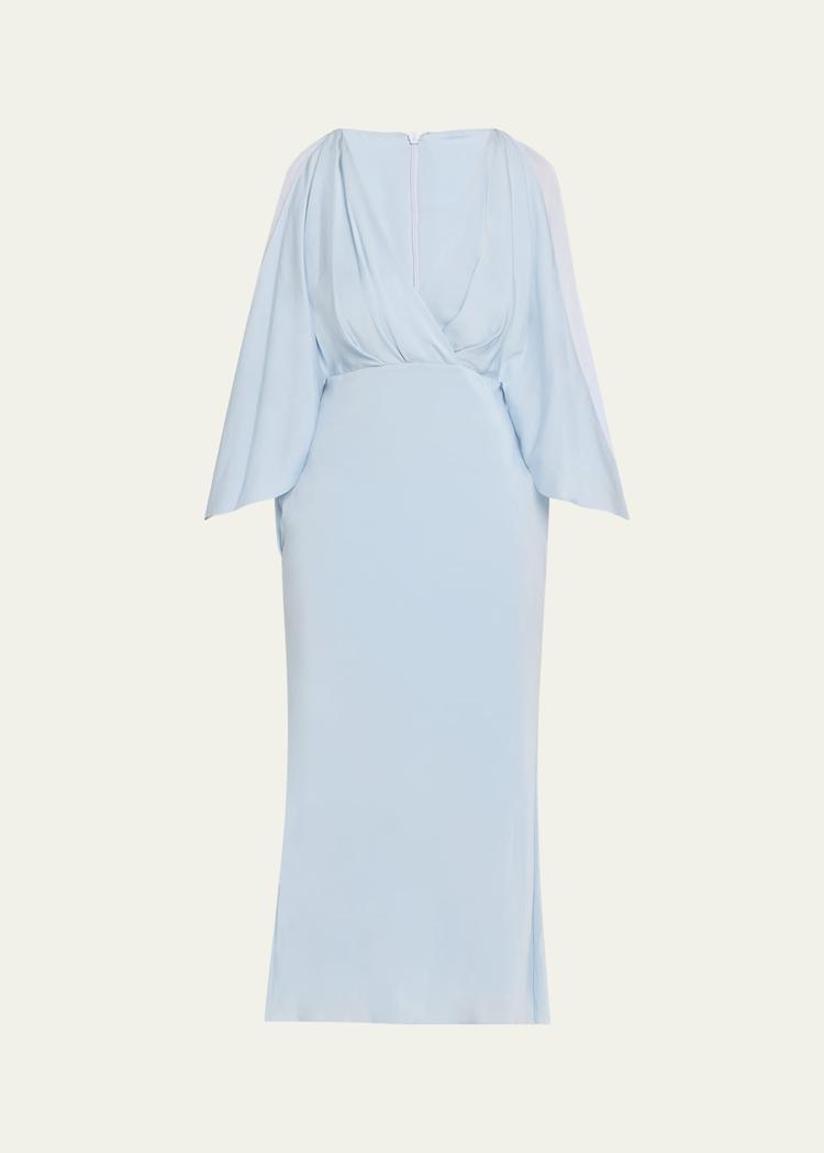 deep v cascade midi silk dress