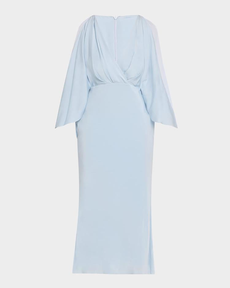 deep v cascade midi silk dress