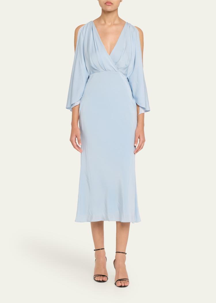 deep v cascade midi silk dress