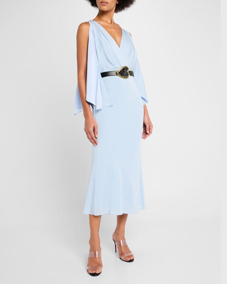 deep v cascade midi silk dress
