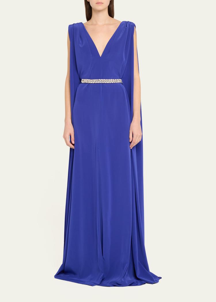 deep v crepe gown with crystal belt