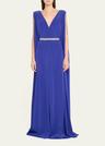 deep v crepe gown with crystal belt