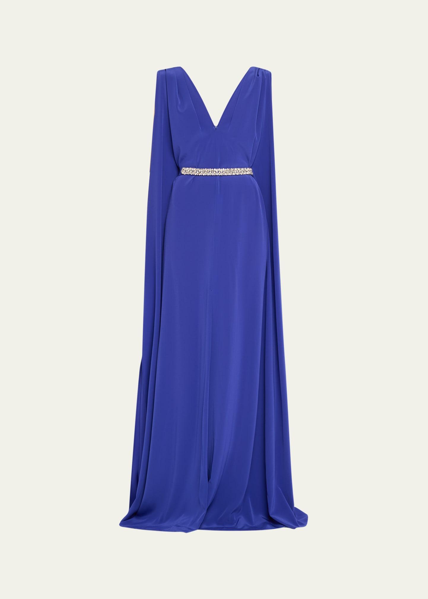 deep v crepe gown with crystal belt