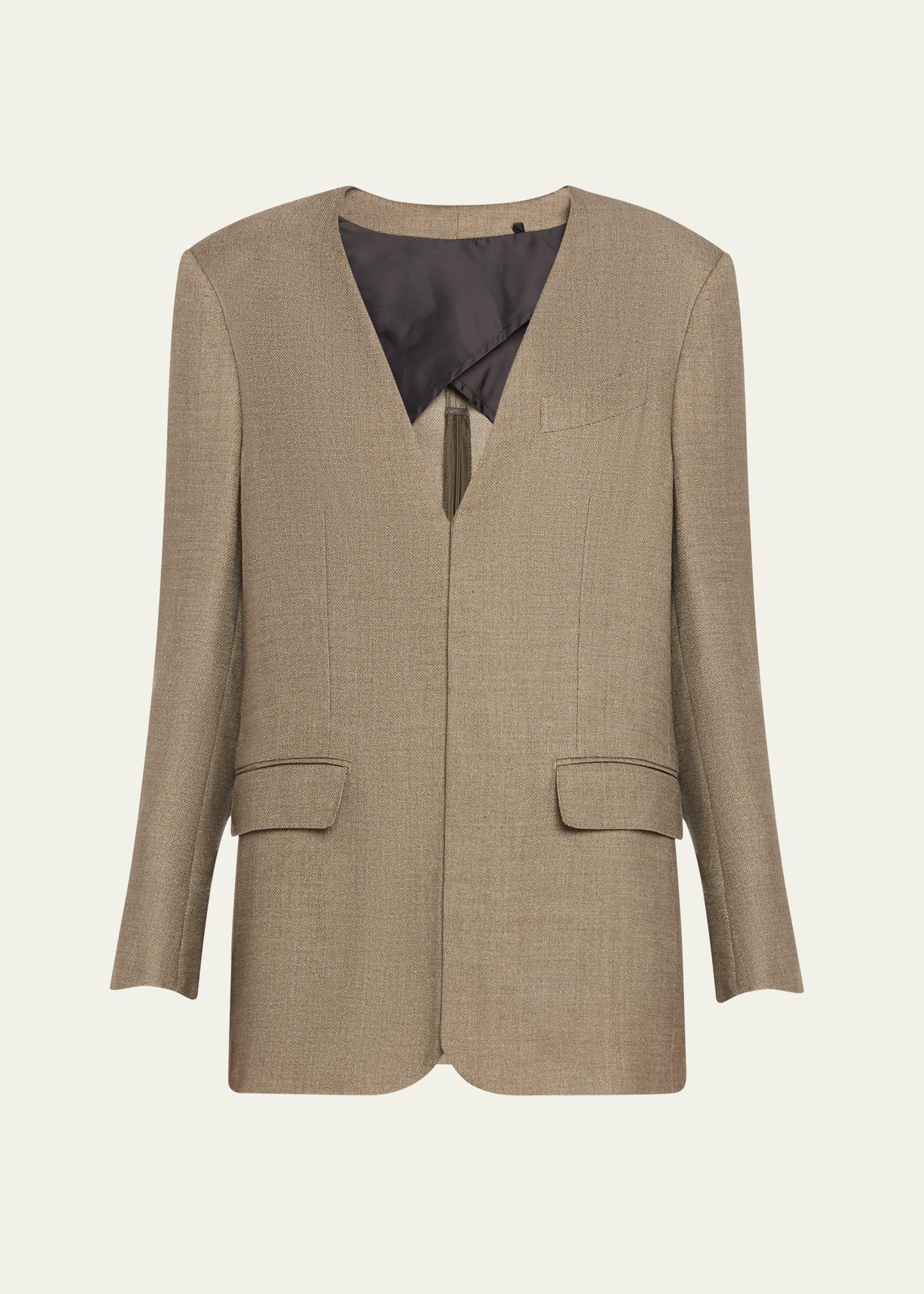 deep v neck back zip wool jacket