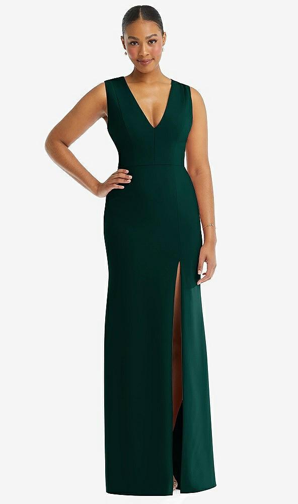 deep v-neck closed back crepe trumpet gown with front slit