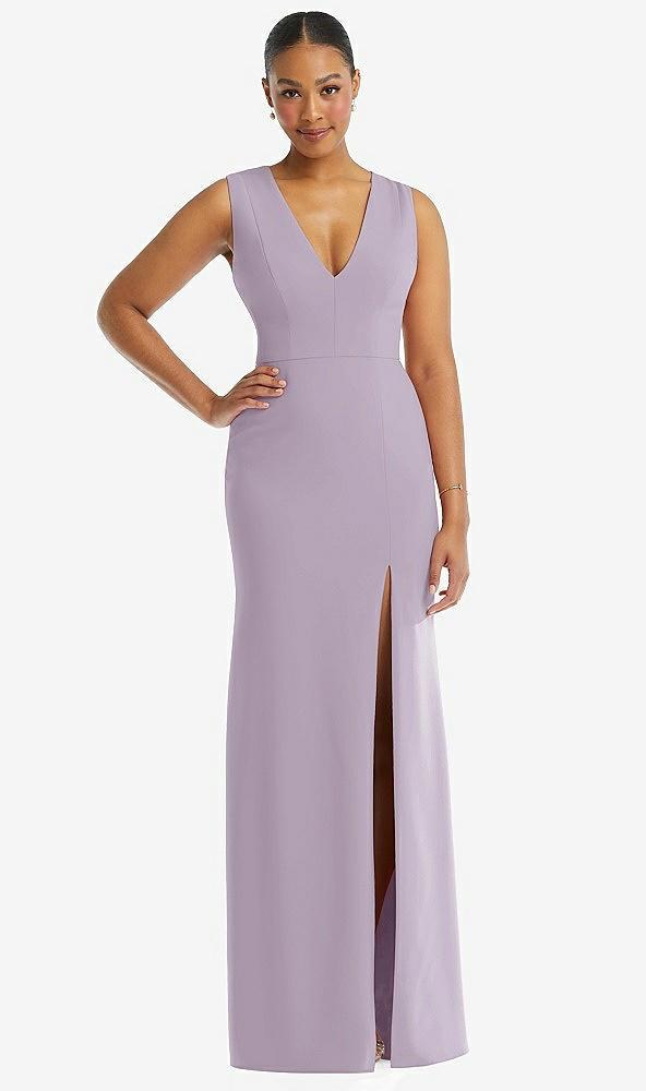 deep v-neck closed back crepe trumpet gown with front slit