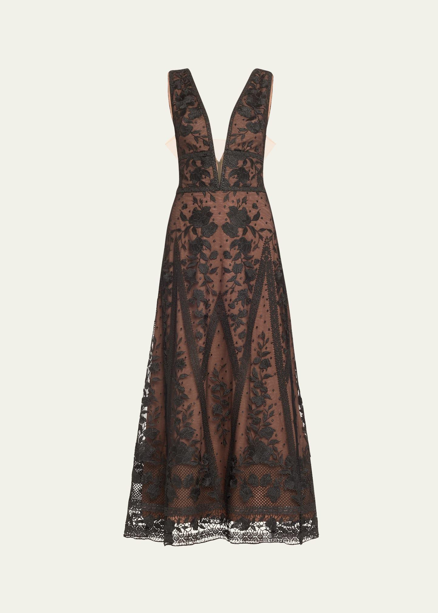 deep v-neck embroidered tulle midi dress