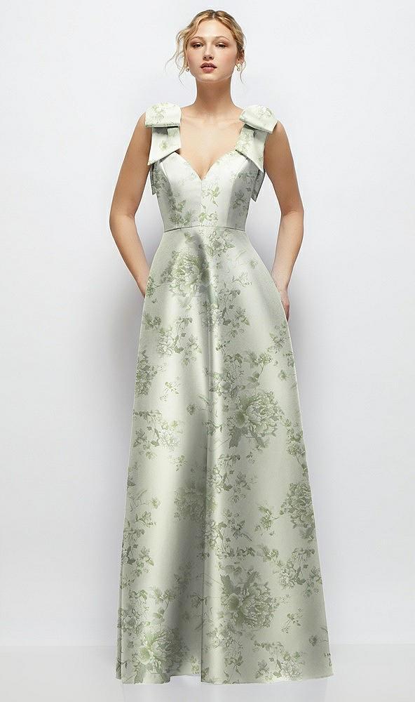 deep v-neck floral satin ball gown with shoulder bows
