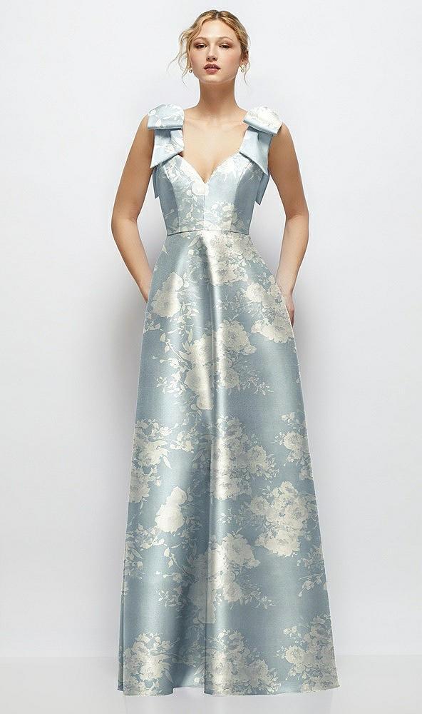 deep v-neck floral satin ball gown with shoulder bows