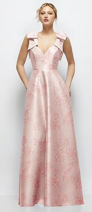 deep v-neck floral satin ball gown with shoulder bows