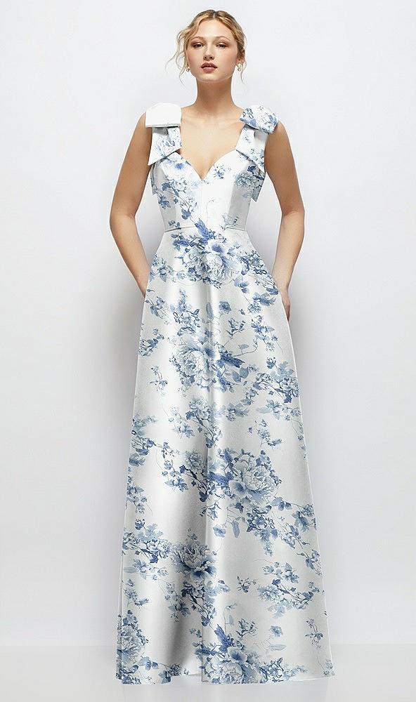 deep v-neck floral satin ball gown with shoulder bows