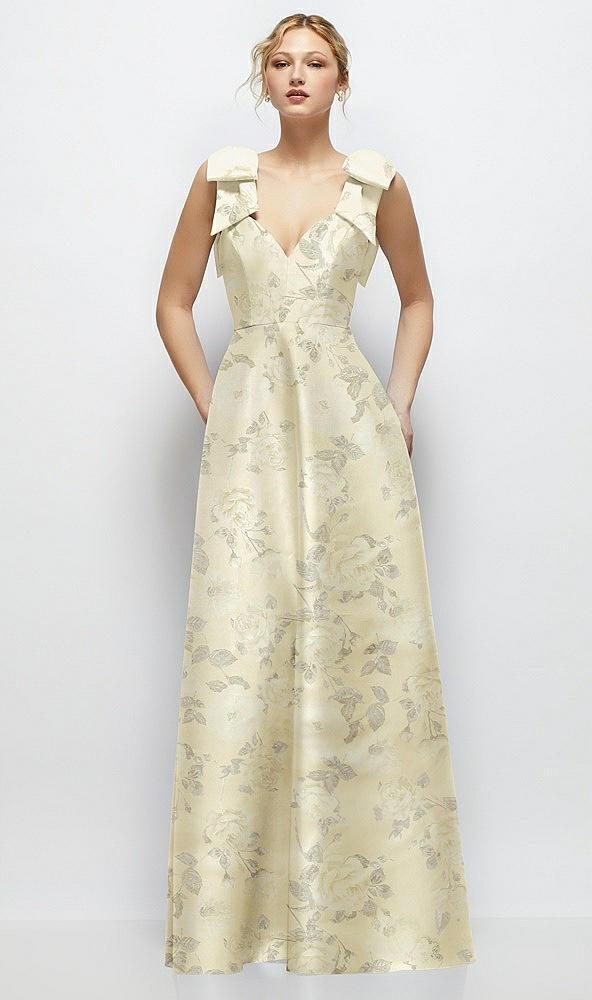 deep v-neck floral satin ball gown with shoulder bows