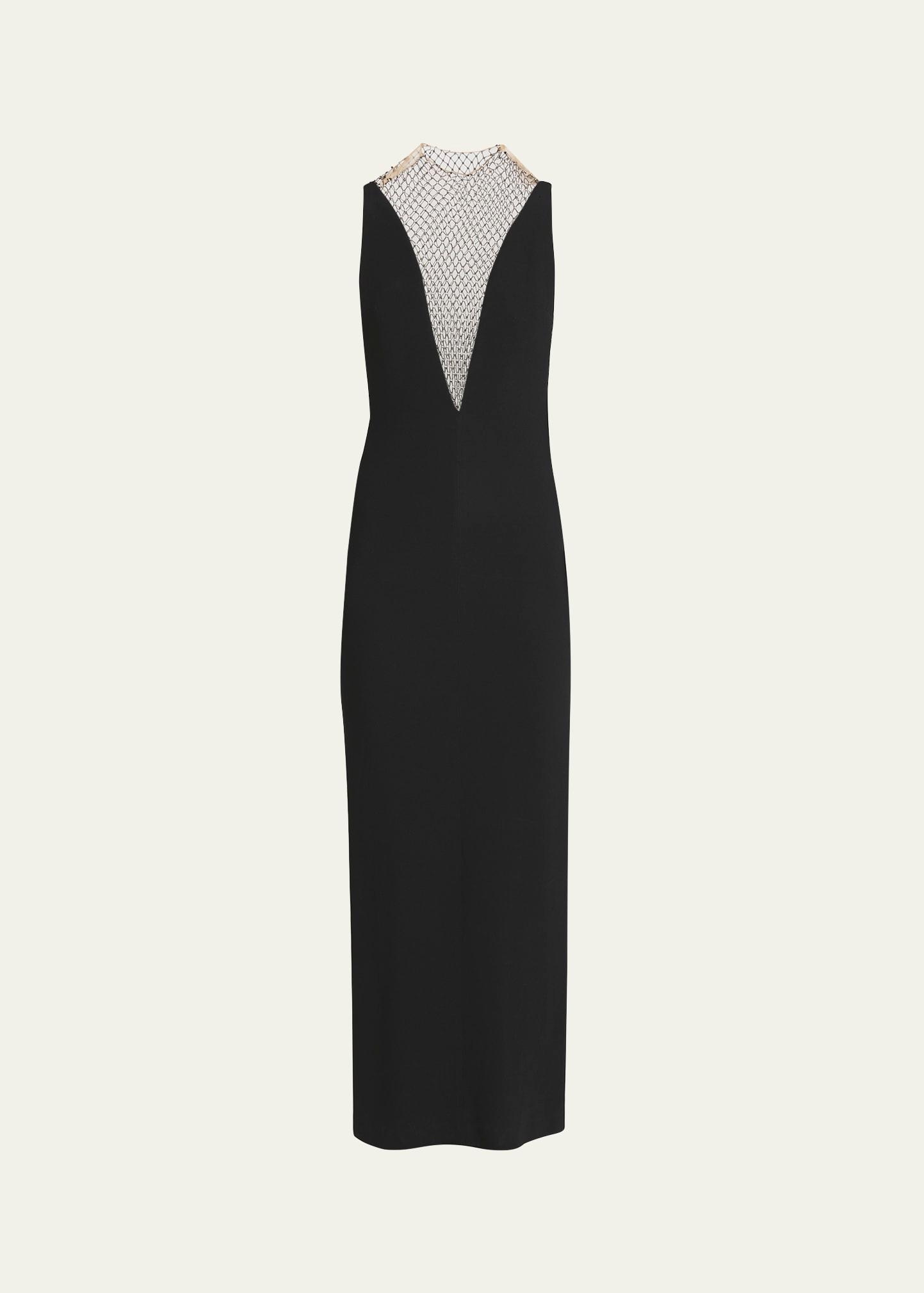 deep v-neck gown with rhinestone netting