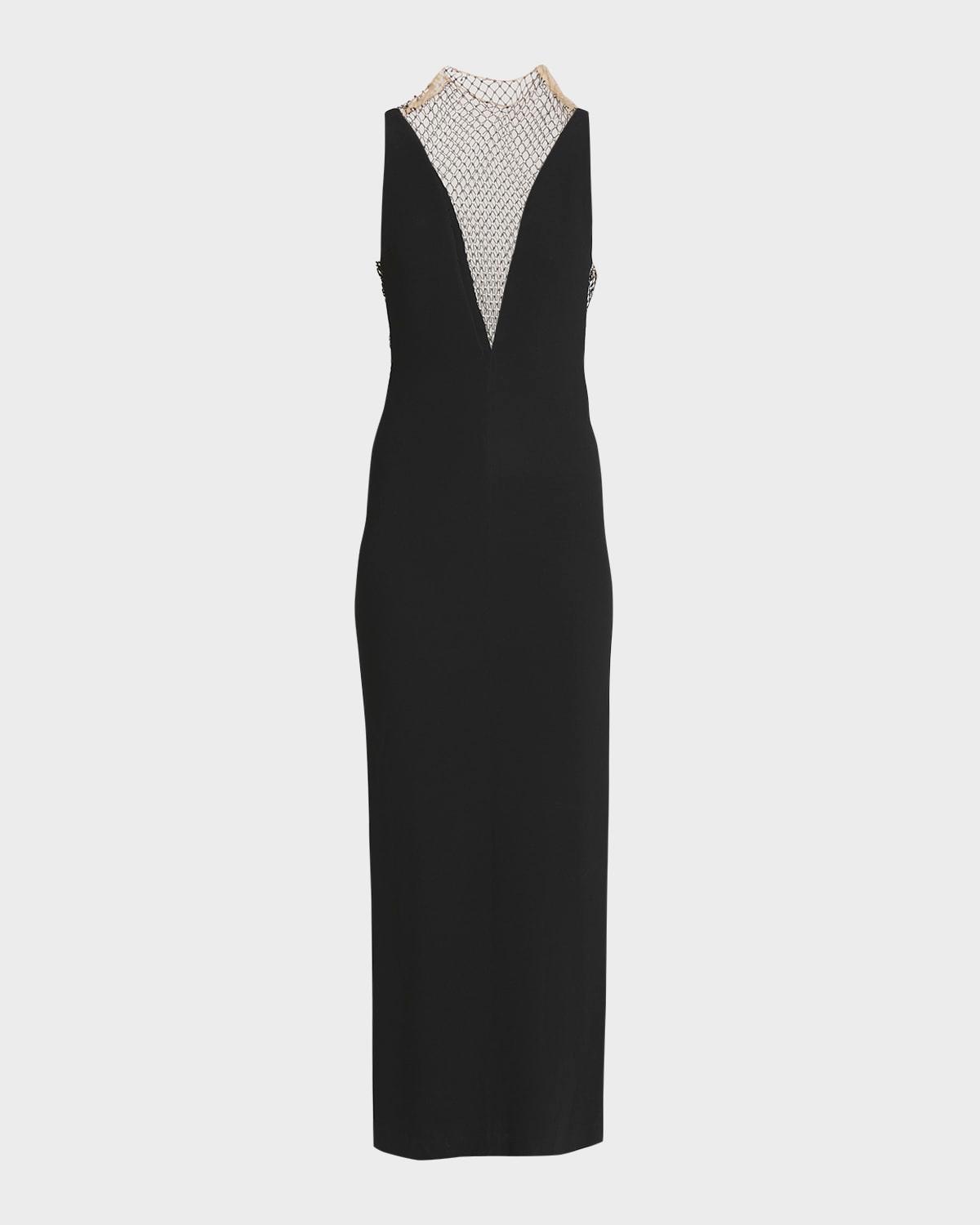 deep v-neck gown with rhinestone netting