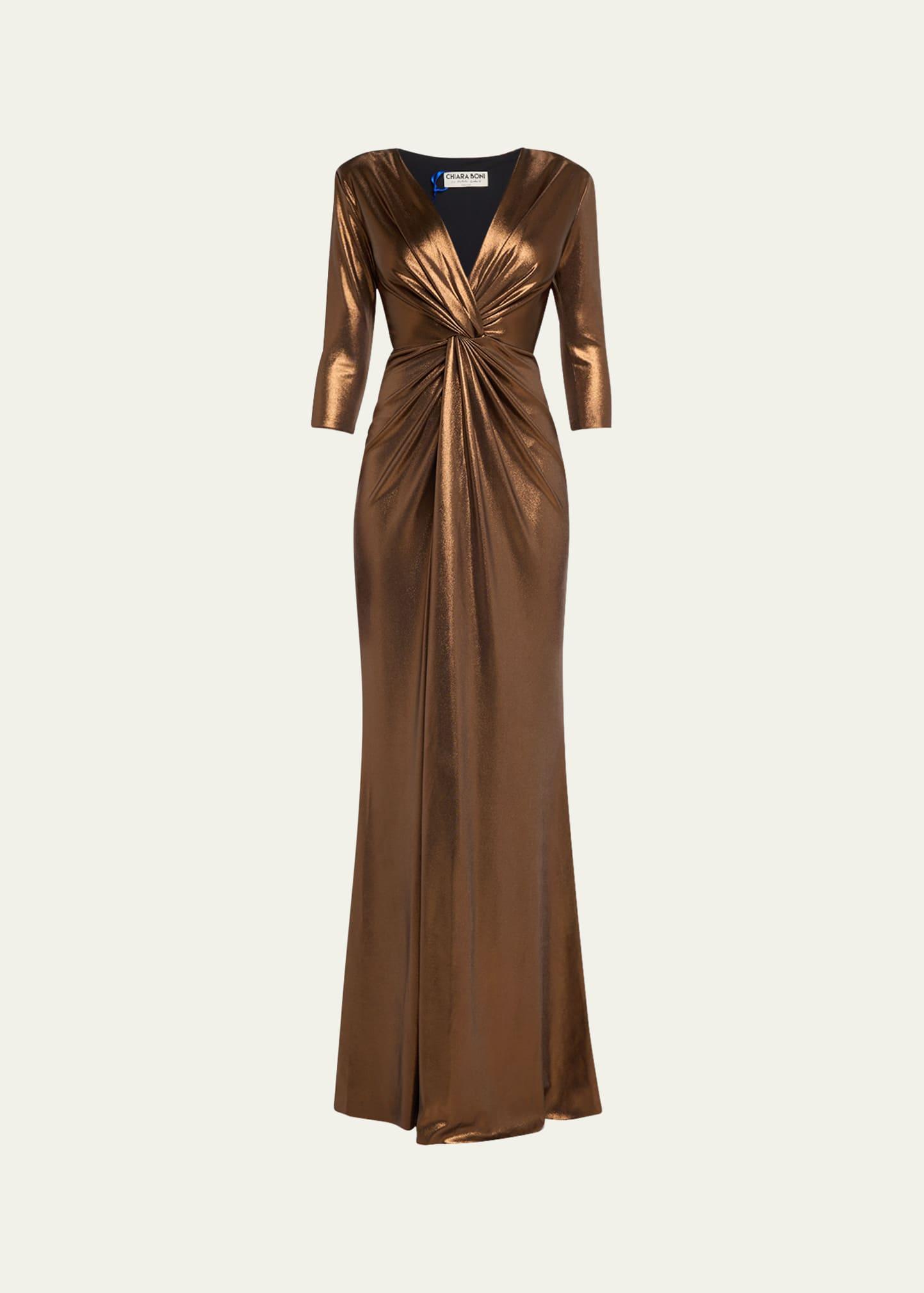 deep v-neck metallic twist gown