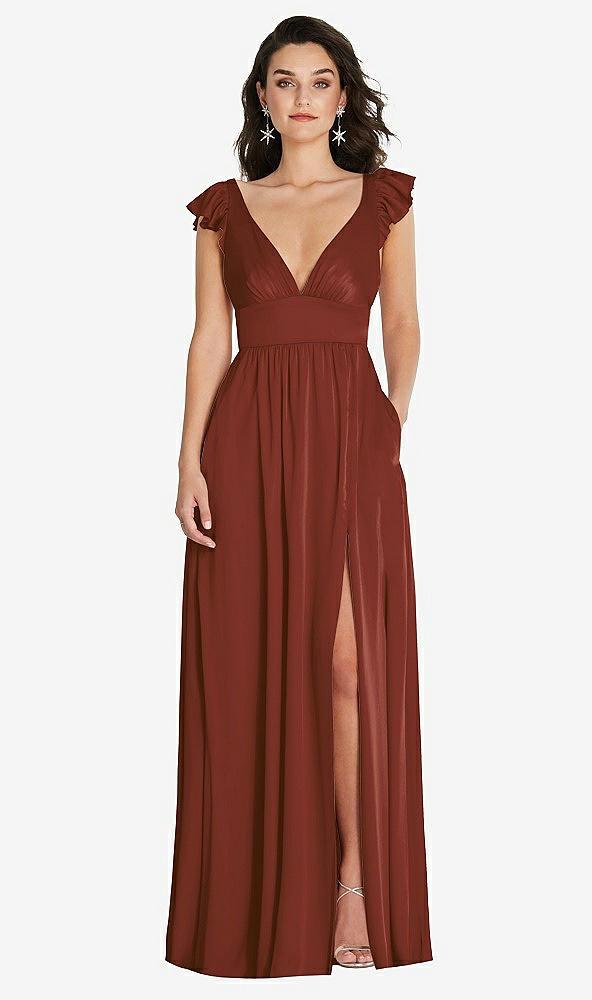 deep v-neck ruffle cap sleeve maxi dress with convertible straps