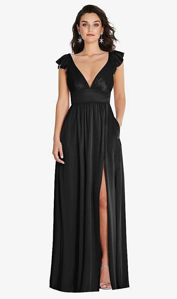 deep v-neck ruffle cap sleeve maxi dress with convertible straps