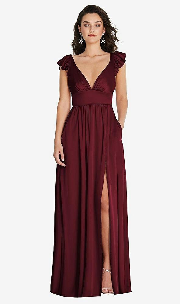 deep v-neck ruffle cap sleeve maxi dress with convertible straps