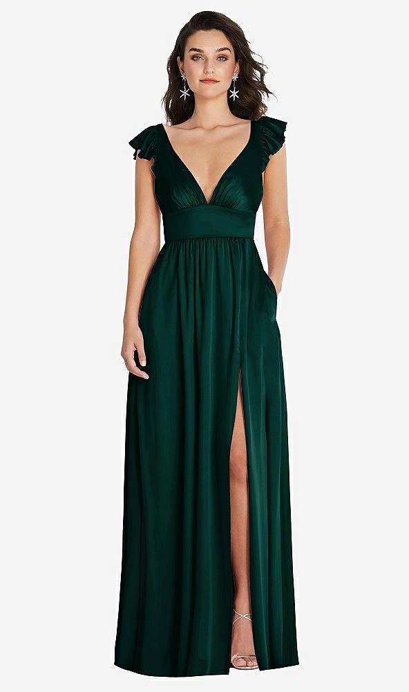 deep v-neck ruffle cap sleeve maxi dress with convertible straps