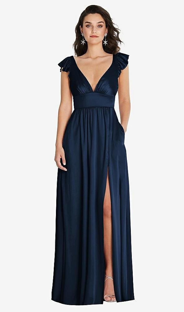 deep v-neck ruffle cap sleeve maxi dress with convertible straps