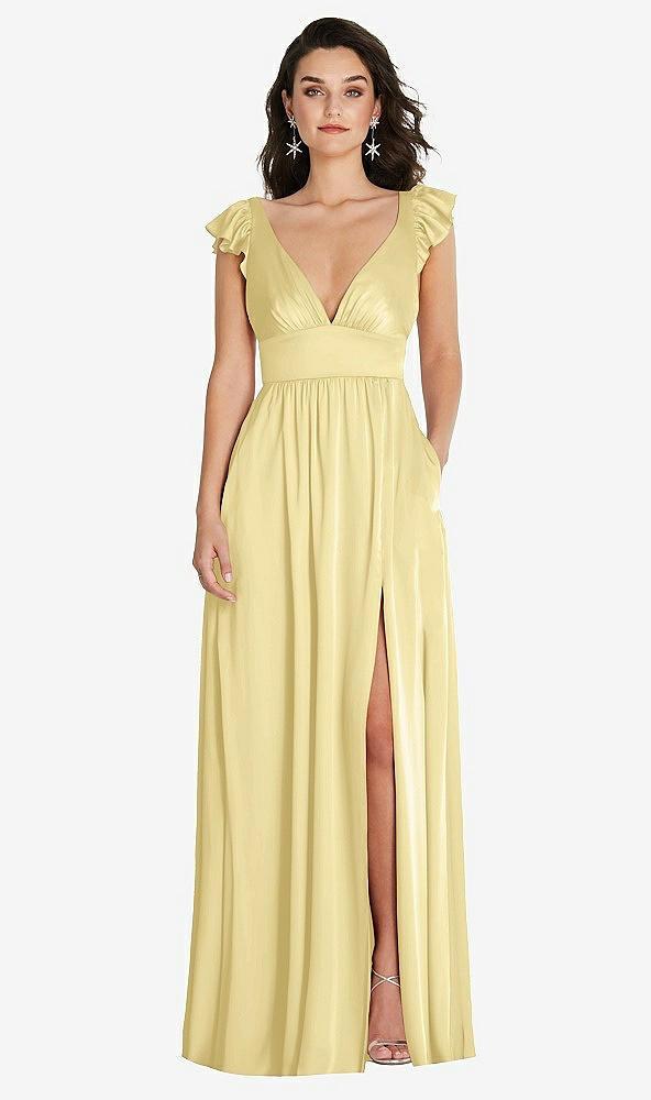 deep v-neck ruffle cap sleeve maxi dress with convertible straps