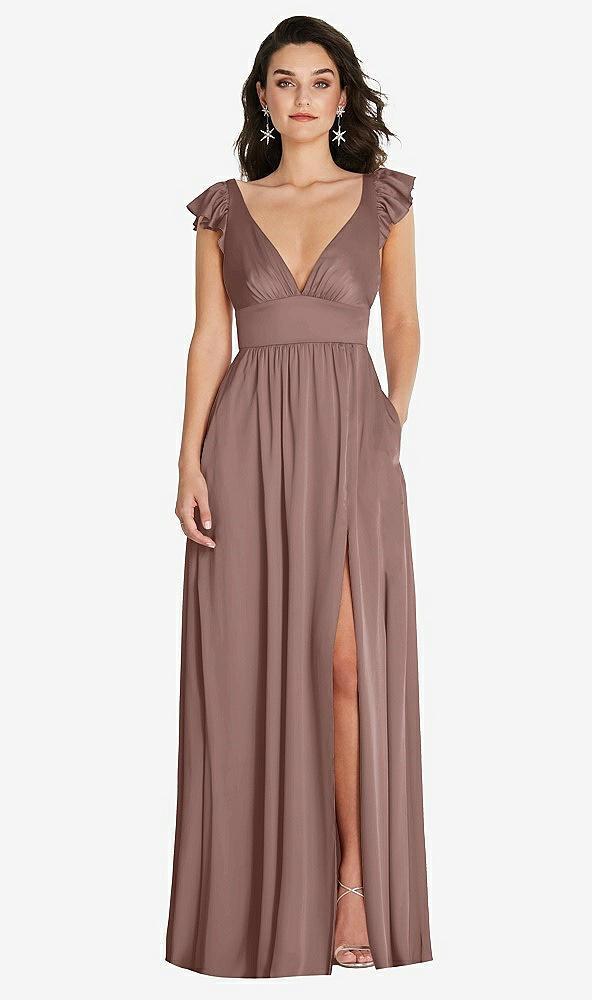 deep v-neck ruffle cap sleeve maxi dress with convertible straps