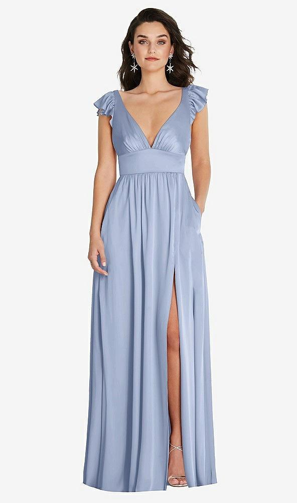 deep v-neck ruffle cap sleeve maxi dress with convertible straps