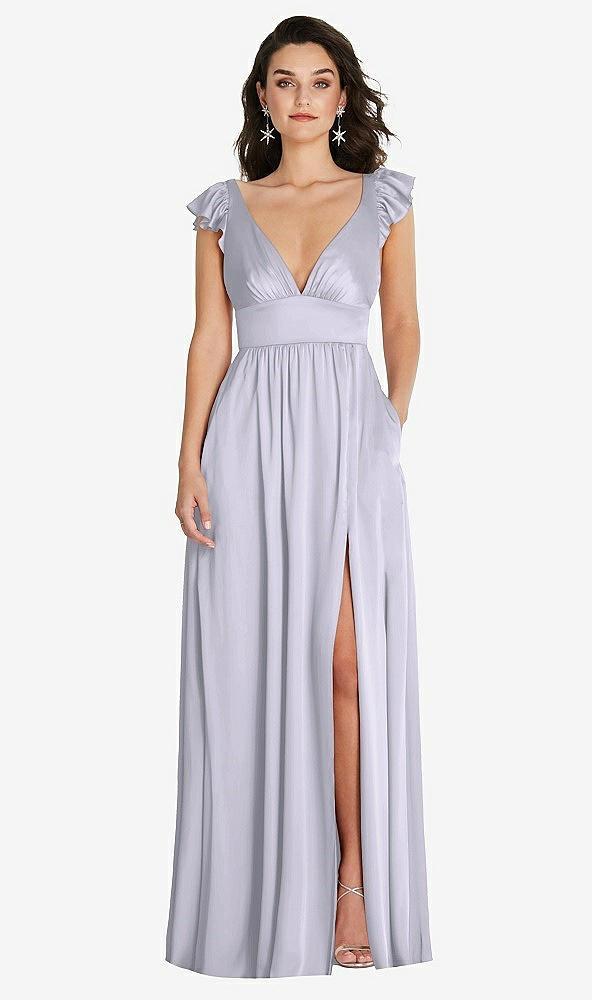 deep v-neck ruffle cap sleeve maxi dress with convertible straps
