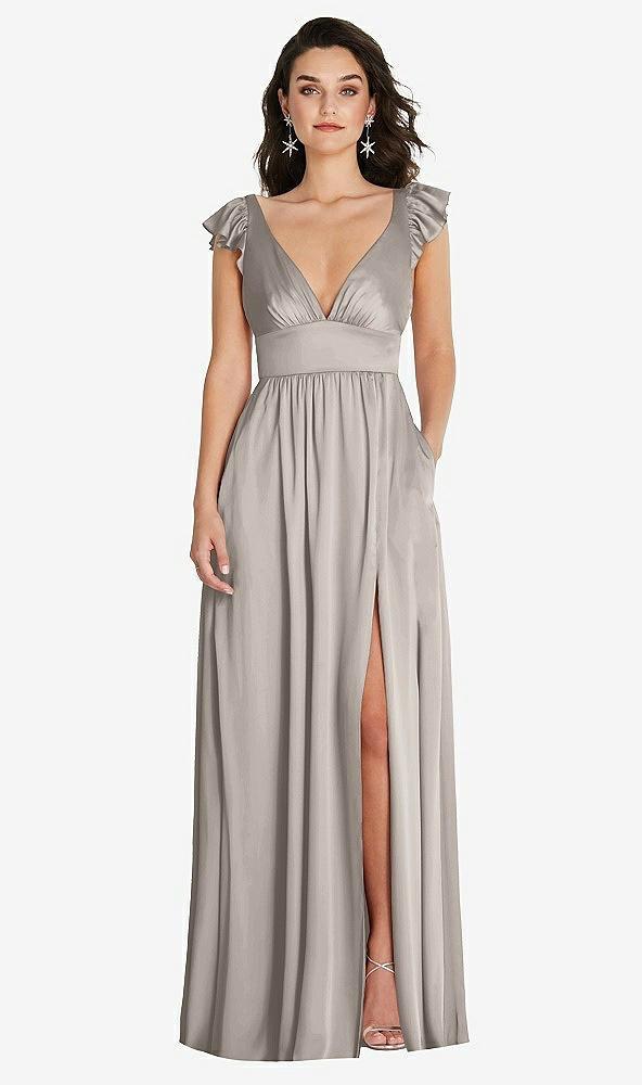 deep v-neck ruffle cap sleeve maxi dress with convertible straps