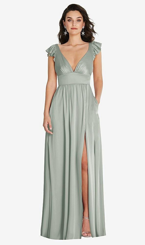 deep v-neck ruffle cap sleeve maxi dress with convertible straps