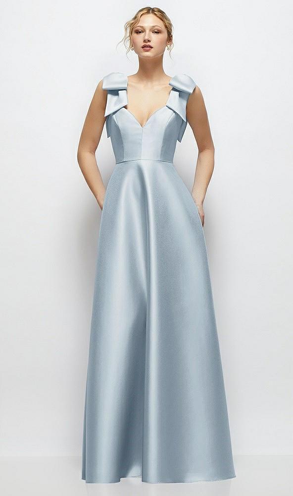 deep v-neck satin ball gown with shoulder bows