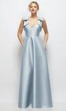 deep v-neck satin ball gown with shoulder bows