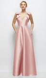 deep v-neck satin ball gown with shoulder bows
